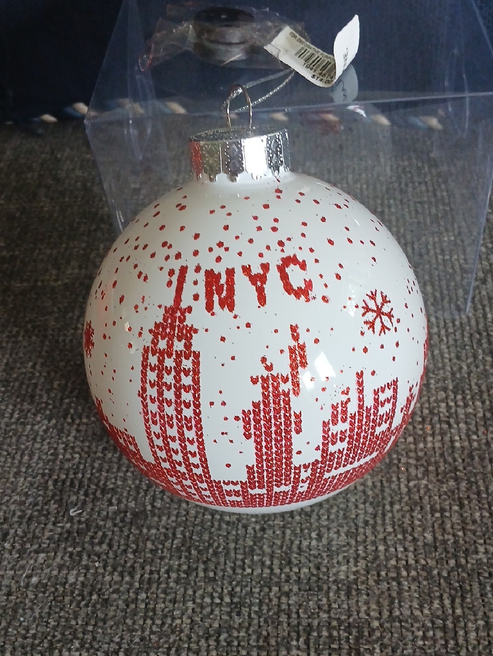NYC White and Red Glass Holiday Ornament